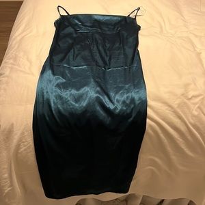 Dress. Satin. Green. 3/4 length adj spaghetti straps